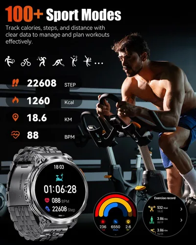 Vista 6 de Relojes inteligentes militares para hombres con llamada Bluetooth, pantalla HD de 1.85 pulgadas, reloj inteligente impermeable con linterna, 114