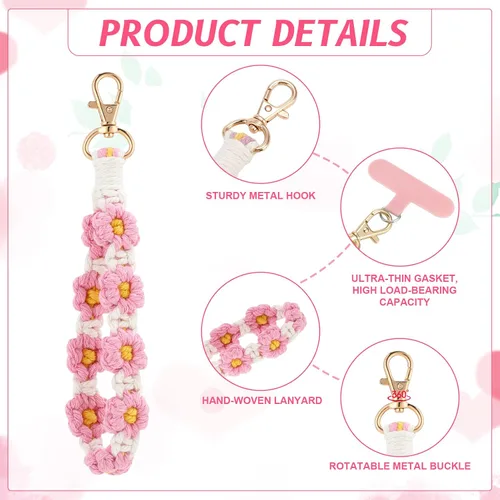 Vista 4 de Jspupifip - 2 correas de muñeca de macramé boho para teléfono, rosa/verde con correa antirrobo para mujer con correa antirrobo para teléfono