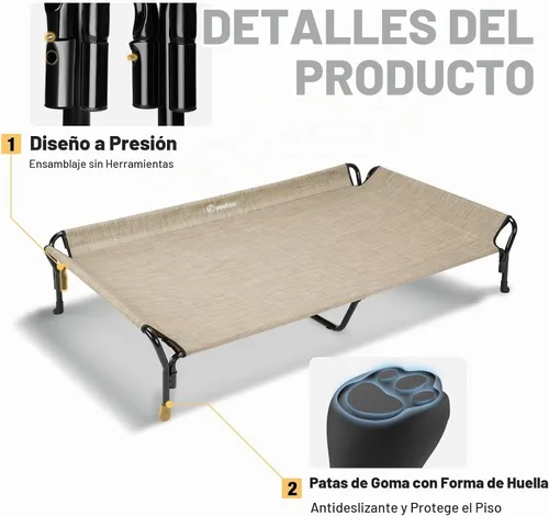 Vista 4 de Veehoo Cama elevada refrescante para perros, cuna elevada XL para mascotas con barandilla y reposacabezas inclinado, malla Teslin transpirable beige