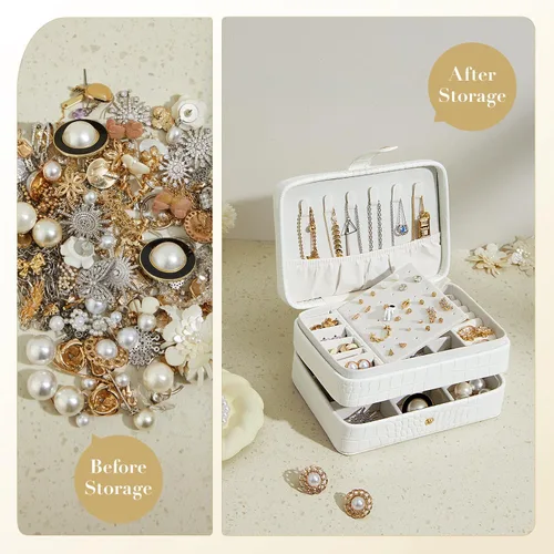 Vista 2 de Joyero pequeño de piel sintética para mujeres y niñas, estuche de joyería portátil de viaje de doble capa para anillo, colgante, aretes, collar