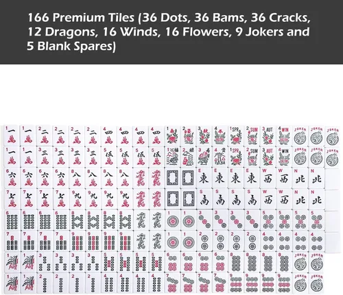 Vista 9 de Juego de Mahjong Americano GUSTARIA, 166 Azulejos Blancos Premium, 4 Estantes/Empujadores de Color Todo-en-Uno, Juego de Mahjong Completo con Bolsa