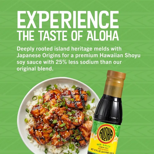 Vista 3 de Salsa de soja Aloha, baja en sal, 12 onzas Enjoy authentic Hawaiian flavor with 25% less sodium for marinades, stir-fries, dipping sauces and