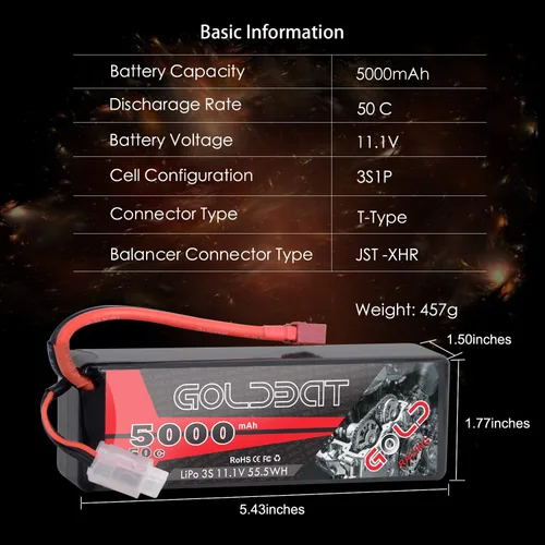 Vista 2 de GOLDBAT 11.1V 5000mAh 3S 50C LiPo RC Batería Hard Case Pack con T Conector para Emaxx Axial RC Coche Camión Buggy Vehículo
