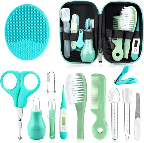 Vista 14 de Kit de cuidado de la salud y aseo del bebé, juego portátil de cuidado de seguridad para bebés, kit esencial para recién nacido (azul 13 en 1)