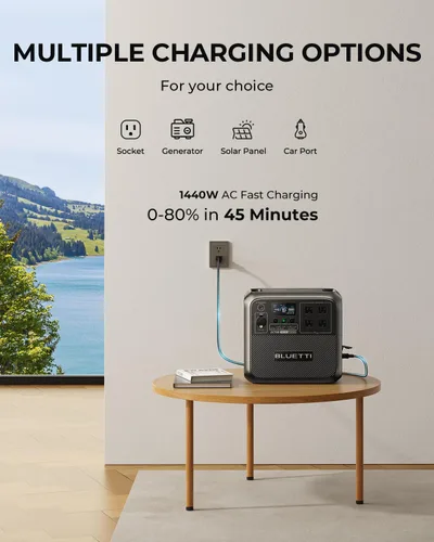 Vista 4 de BLUETTI Estación de energía portátil AC180, generador solar de 1152 Wh con 4 salidas de CA de 1800 W (pico de 2700 W), 0-80% en 45 minutos, batería