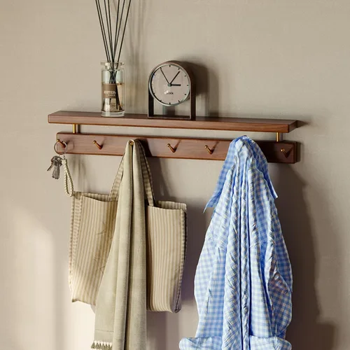 Vista 14 de Ganchos de pared de madera maciza con estante, perchero de pared, estante colgante de entrada con 6 ganchos de latón para sombreros, ropa, toallas
