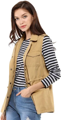Vista 5 de Allegra K Chaqueta para mujer sin mangas con cierre, utilitaria, anorak, para uso en campo, chaleco de carga