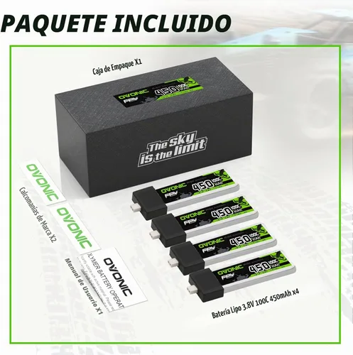 Vista 6 de OVONIC Batería LiPo 1S 450mAh 100C HV 3.8V con conector BT2.0 para FPV Tiny Whoop (4 piezas)