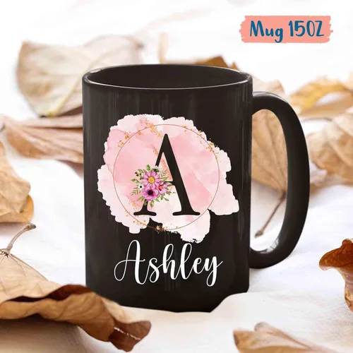 Vista 5 de Taza personalizada con nombre inicial, taza con monograma personalizado, 11 y 15 onzas, cerámica negra