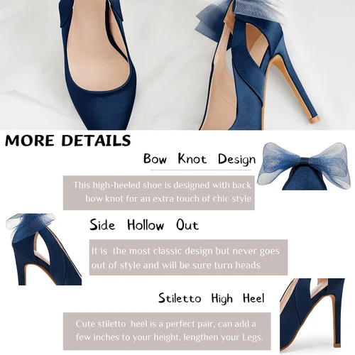 Vista 4 de Coutgo Zapatos de tacón alto con punta cerrada y puntiaguda para mujer, con nudo de lazo, corte de satén, sin cordones, para bodas, fiestas, zapatos