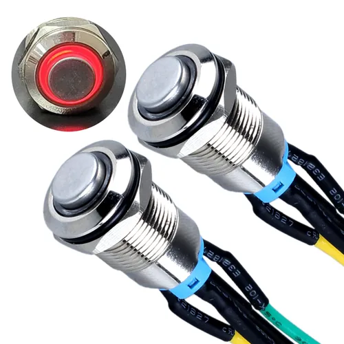 Vista 11 de 2 interruptores de botón con pestillo de 0.472 in con cable pre-soldado de 5.9 in 1NO 12V-24V ON-Off para orificio de montaje de 1/2 pulgada, anillo