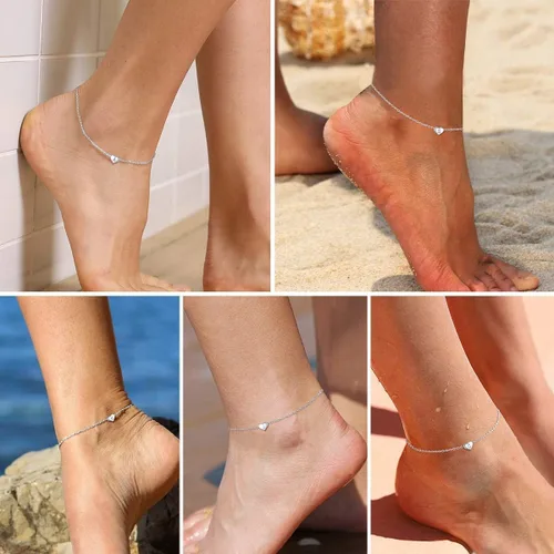 Vista 8 de ChicSilver Tobilleras de plata de ley 925 con iniciales para mujer, delicada pulsera de tobillo de corazón de playa, joyería de pie ajustable