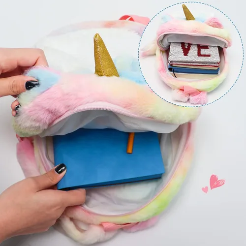 Vista 3 de Juego de 2 mochilas de unicornio para gatos, juego de 2 bolsas de hombro Kawaii para niños y niñas pequeñas, Rosado, Lindo