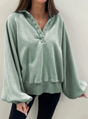 Vista 3 de Dokotoo Sudaderas de gran tamaño con cuello de botón para mujer, manga de farol, holgadas, para mujer