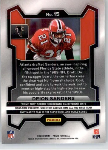 Vista 2 de 2023 PANINI PRIZM #15 DEION SANDERS ATLANTA FALCONS FOOTBALL OFFICIAL TRADING CARD OF NFL