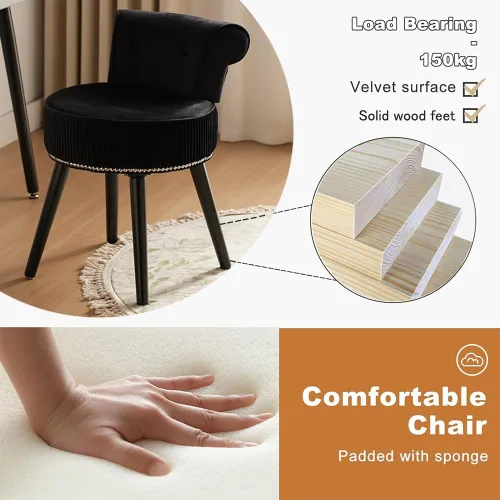 Vista 3 de Silla de tocador de terciopelo negro con respaldo pequeño, taburete de maquillaje, sillas acentuadas con botones sin ruedas, taburete de tocador