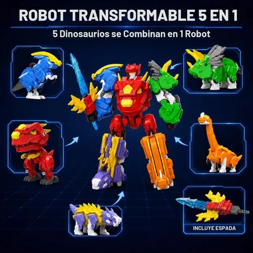 Vista 2 de Juego de juguetes de dinosaurio robot 5 en 1: gran kit de robot transformable para desmontar con 5 figuras de acción de dinosaurio - juguetes
