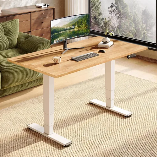 Vista 18 de SANODESK Escritorio de pie de madera maciza de caucho con motor dual 48"x24 Mesa natural + marco blanco
