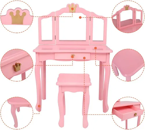 Vista 5 de Juego de tocador para niños Vasitelan, juego de mesa y silla para niñas, con espejo y taburete, mesa de maquillaje y cambiador princesa con cajón B
