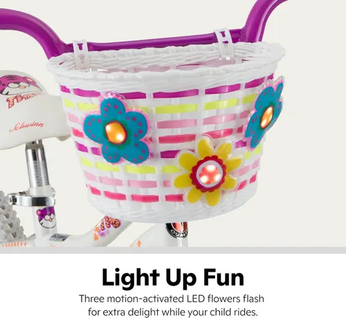 Vista 3 de Schwinn Cesta de bicicleta para niños, con flores iluminadas activadas por movimiento, se adapta a la mayoría de manillares de bicicleta para niños