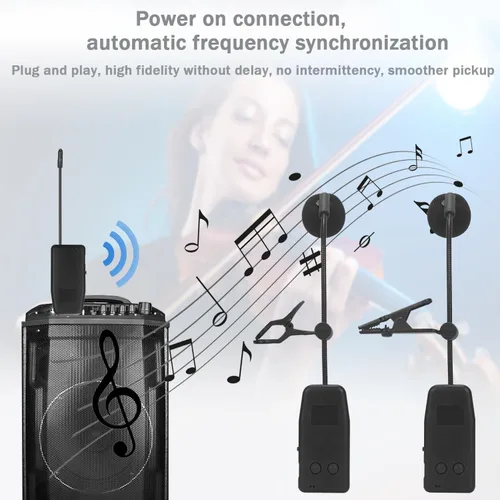 Vista 6 de Micrófono de instrumentos inalámbricos 2.4G, micrófono de saxofón, mini micrófono portátil de mano, receptor inalámbrico y transmisor, para trompeta