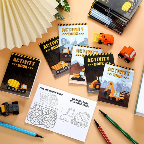 Vista 6 de Sinmoe Juego de 36 libros de actividades para fiestas infantiles, incluye camiones de construcción: camiones volquete, excavadoras, grúas, tractores
