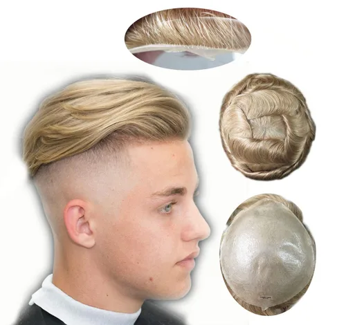 Vista 19 de HAIR NATURE Toupee para hombres, sistemas de reemplazo de cabello humano, 0.001 in piel ultra fina V-looped Jet Black piezas de cabello 8x10#1