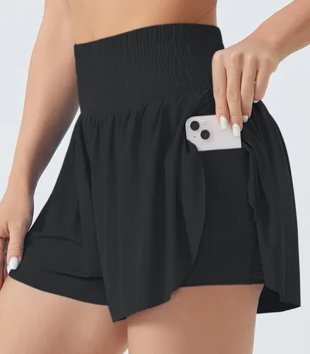 Vista 5 de Wjustforu Pantalones cortos de correr fluidos para mujer, para gimnasio, yoga, entrenamiento, pantalones cortos deportivos con pantalones cortos