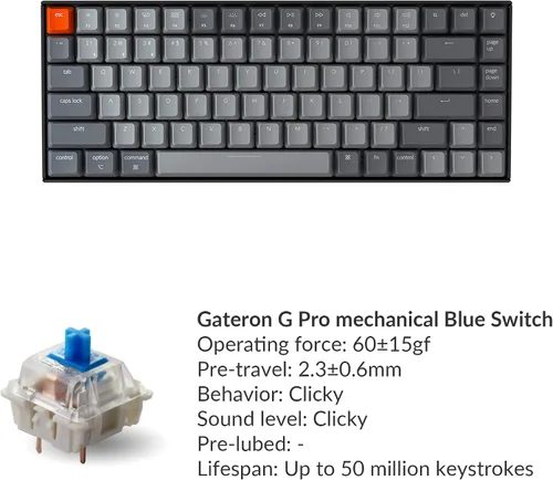 Vista 6 de Keychron Teclado mecánico Bluetooth K2 75% Layout con interruptor azul Gateron G Proretroiluminación LED blancaUSB CAnti GhostingN-Key