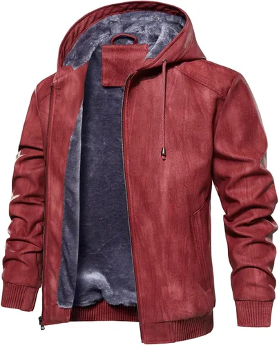 Vista 6 de Fanarcher Chaqueta de hombre de piel sintética con forro polar acolchada tipo bomber para motocicleta con capucha