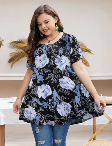 Vista 2 de MONNURO - Camiseta de manga corta para mujer, holgada con mucho vuelo, talla grande