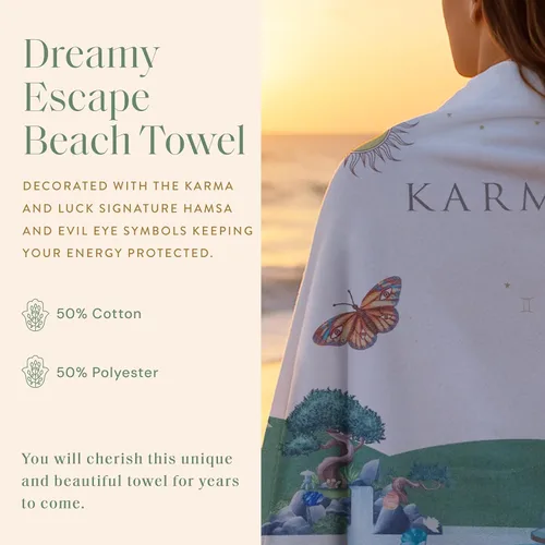 Vista 4 de KARMA AND LUCK Dreamy Escape - Toalla de playa para mujeres y hombres, mal de ojo, mano de Hamsa, loto, mariposa y elefante, toallas de playa