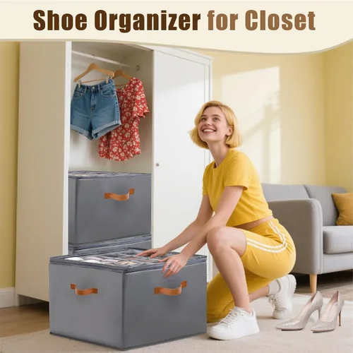 Vista 3 de Organizador de zapatos para armario, se adapta a hasta 16 pares de almacenamiento de zapatos, contenedores plegables transparentes para zapatos, Gris