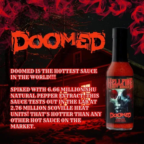 Vista 2 de Hellfire Doomed Salsa Picante, La Salsa Más Picante del Mundo, Reforzada con 6.66 Millones de SHU de Extracto de Pimienta Natural, Probada