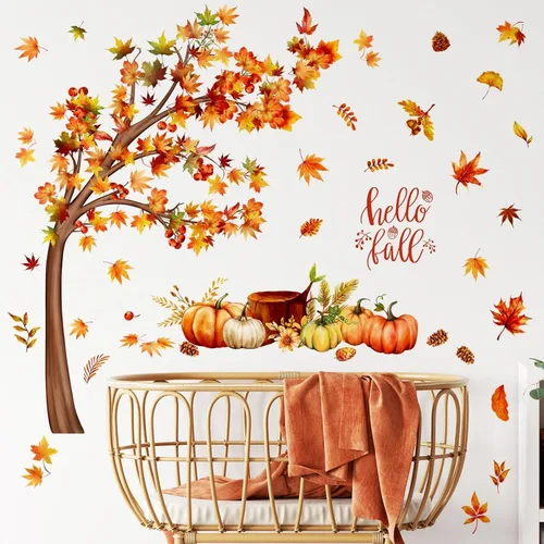 Vista 3 de Calcomanías de pared de árbol de otoño de 33.46 x 29.92 pulgadas, calcomanías de pared de árbol de acuarela con hojas de arce, decoración de pared