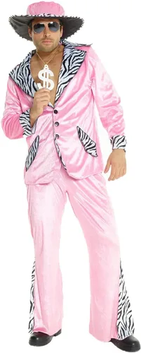 Vista 3 de Morph Disfraz de chulo rosa para hombre, traje de los años 70, traje de Halloween, disfraz retro