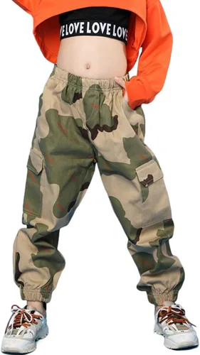 Vista 16 de Rolanko - Pantalones cargo para niñas, ropa callejera holgada, de hip hop, para bailar, de algodón, jogger para niños de 4 a 15 años Verde militar