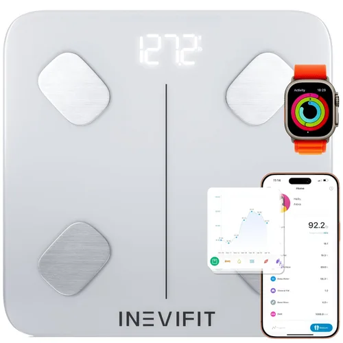Vista 8 de INEVIFIT Báscula inteligente de grasa corporal, analizador digital Bluetooth de composición corporal de baño altamente preciso, mide peso, grasa