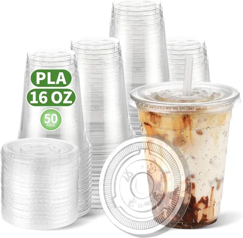 Vista 9 de Tazas de café helado desechables de plástico transparente compostable de 12 onzas con tapas planas, tazas biodegradables para beber frío para llevar