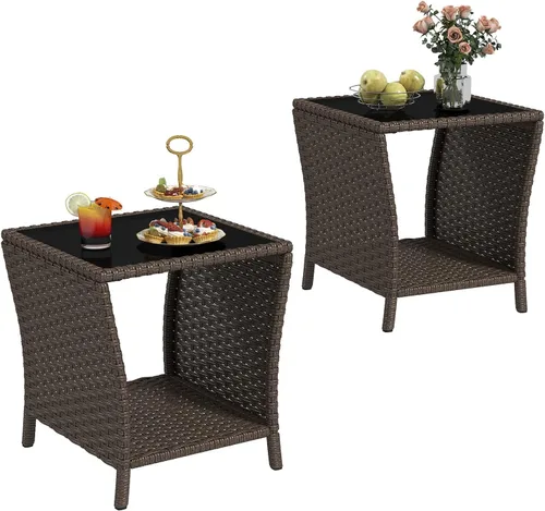 Vista 11 de kinbor Mesa pequeña para exteriores – Mesa auxiliar de mimbre para exteriores con estante de almacenamiento para patio, balcón y porche, ratán