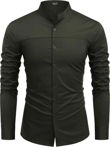 Vista 2 de COOFANDY Camisas de vestir para hombre, con cuello de banda, manga larga, casuales, con botones