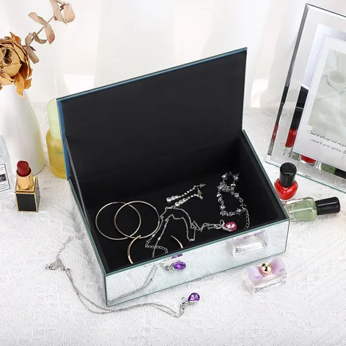 Vista 5 de ELLDOO Joyero, almacenamiento de cristal con espejo con superficie de diamantes triturados, organizador decorativo de lujo para aretes, anillos