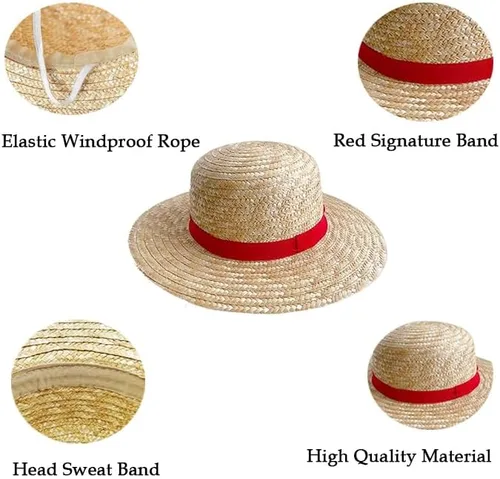 Vista 2 de Sombrero de paja Luffy sombrero de cosplay sombreros para Halloween, disfraz de actuación, sombrero de paja para hombres, mujeres y niños, correa
