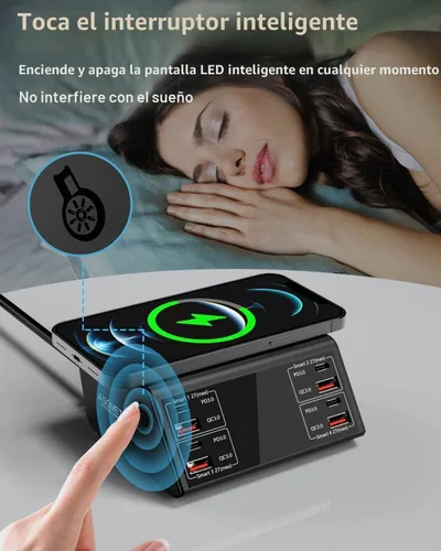 Vista 4 de Cargador USB, ASOMETECH 100 W, 8 puertos, estación de carga USB múltiple con 4 puertos de carga rápida 3.0, 4 puertos USB C PD, cargador Negro