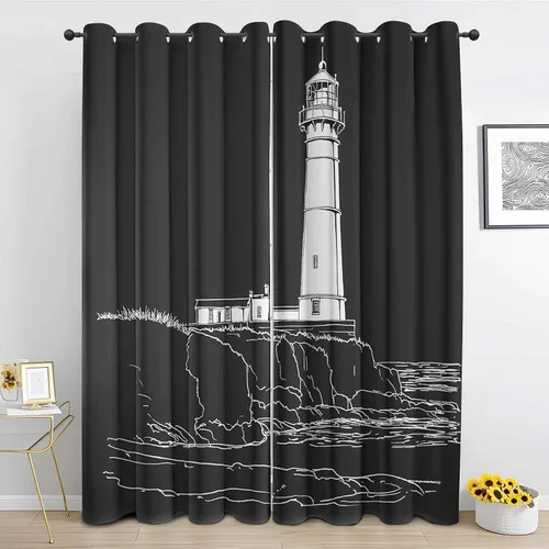 Vista 13 de Cortinas de faro costero de 54 pulgadas de largo, 2 paneles, cortinas opacas con ondas de vela para decoración de dormitorio, sala de estar, Negro