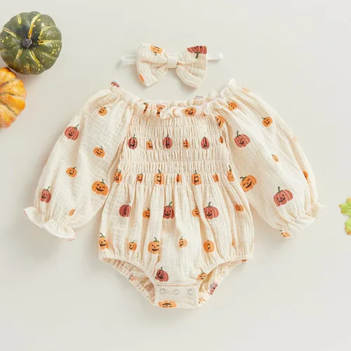 Vista 6 de Ropa de Halloween para bebé niña, lindo mameluco de calabaza de algodón y lino de manga larga, overol de otoño