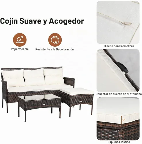 Vista 5 de RELAX4LIFE Juego seccional de muebles de patio de 3 piezas, conversación de mimbre de ratán con 5 cómodos cojines de asiento y respaldo, mesa