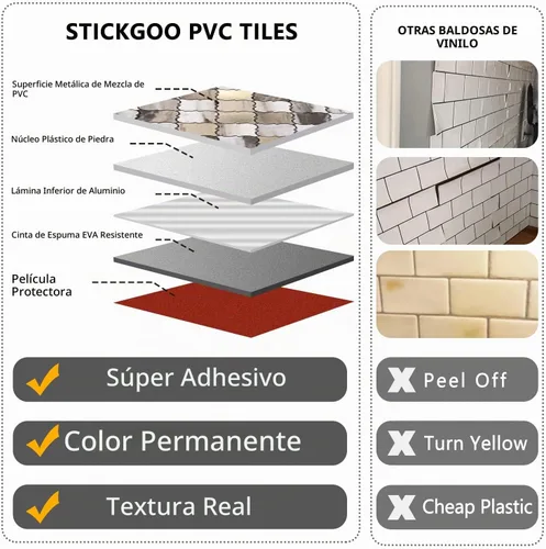 Vista 3 de STICKGOO Azulejo árabesco para salpicaduras de pelar y pegar, para salpicaduras de cocina y baño, grano de madera dorada con aspecto de mármol, PVC