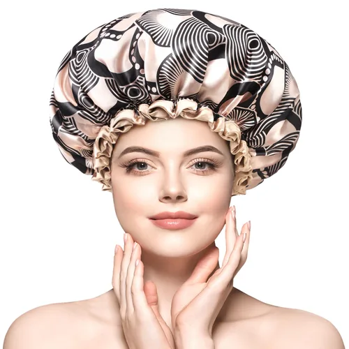 Vista 8 de mikimini Gorro de ducha grande para mujer, de pelo largo, champán, con encaje, doble capa, impermeable, reutilizable, lavable, de alta calidad