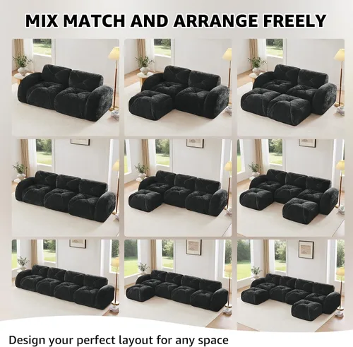 Vista 9 de Sillón de Dos Plazas Seccional Negro para Sala de Estar, Sofá Sin Estructura de Tela de Terciopelo en una Caja, Sin Ensamblaje Requerido Sofá